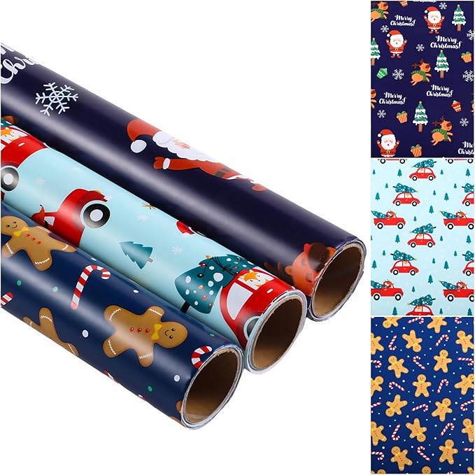 Miss DuiDui Gifts Christmas Wrapping Paper, 3 Rolls, 17 inch x 9.8 feet, Snowflake Trees Gift Design for Kids Boys Girls, Christmas, Party, Holiday