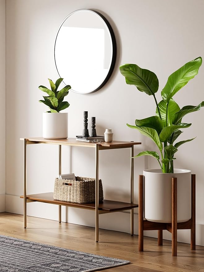 LE TAUCI 12 Inch Planter with Acacia Wood Stand, Large Ceramic Indoor Plant Pot with Drainage Hole & Plug, Mid Century Modern Plant Holder for Fiddle Leaf Fig, Monstera, Snake Plant, White