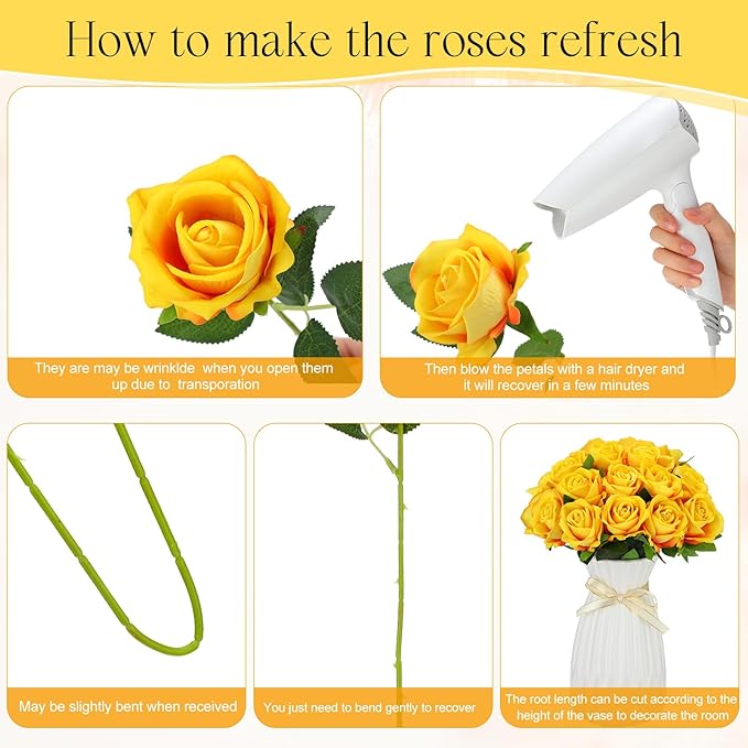 Jexine 50 Pcs Artificial Rose Flower Bulk Realistic Silk Fake Roses with Long Stem Plastic Artificial Flower Bouquet Real Looking for Home Wedding Centerpieces Party Decoration(Yellow)