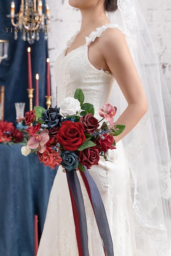 TINGE TIME 9 inch Bridal Bouquets for Bride, Artificial Silk Flowers Tossing Bouquet, Bride Bouquets for Wedding,Ceremony, Anniversary (Red&NavyBlue)