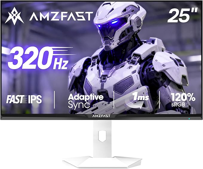 Amzfast 25 Inch White Gaming Monitor 320Hz/300Hz/240Hz, FHD 1080P 1ms Fast IPS Monitor, 12 Months Warranty Exchange (HDMI & DP Dual Cable) TÜV Rheinland Eye Care | AI Crosshair, Night Vision Function