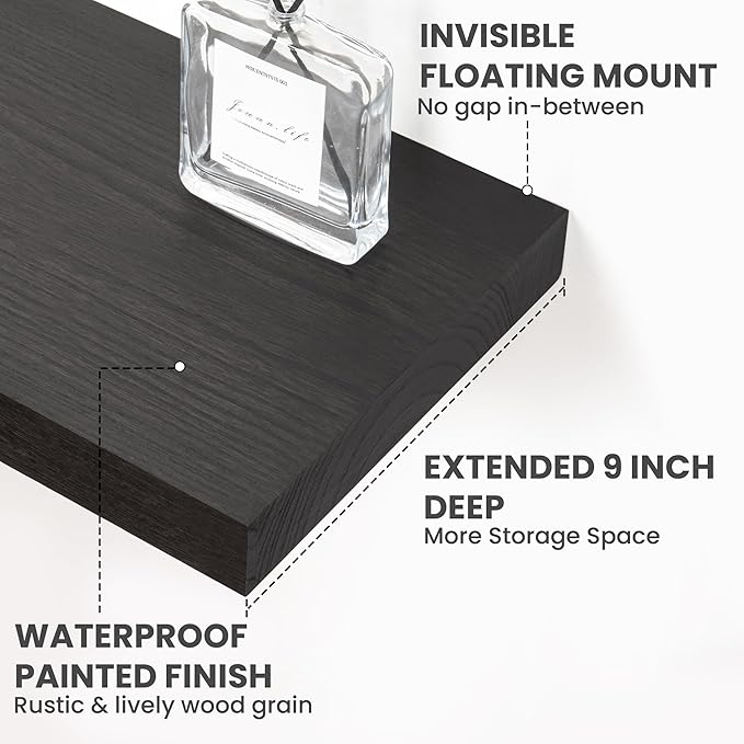 Solid Wood Floating Shelves For Wall, 24”W x 9”D x 1.56”H Large Wall Shelves for Living Room Bedroom Bathroom Kitchen Drcor Storage with Invisible Heavy-Duty Metal Bracket, Carbonized Oak, 2 Pack