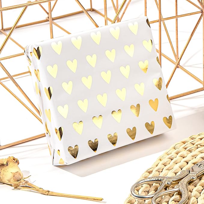 LeZakaa Gold Wrapping Paper Roll, Luxury Metallic Gift Wrap with Heart, Geometric & Floral Pattern for Wedding, Birthday, Anniversary, Bridal Shower, Christmas, Valentines, 17 x 120 inches, 3Rolls