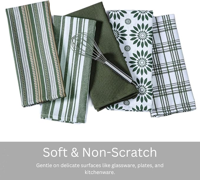 WeWove Assorted Kitchen Towels Set of 5-100% Cotton Dish Cloths Towels with Hanging Loop - Soft Absorbent Washable Reusable for Kitchen Use - Quick Drying 16x26 inch Dish Towels Green