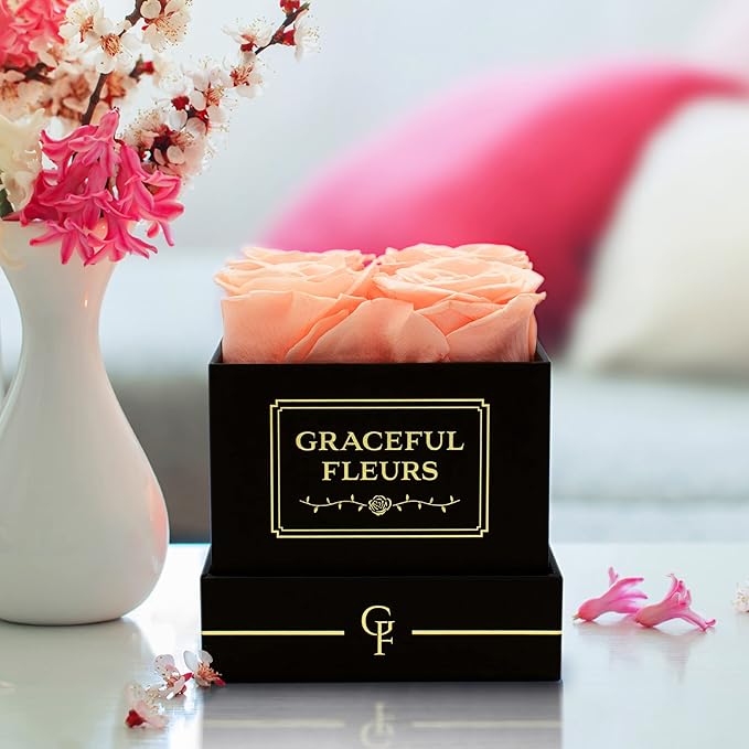 Graceful Fleurs | Real Long Lasting Roses for Years | Preserved Fresh Flowers for Delivery Birthday | Birthday Gifts for Women | Forever Roses in a Box (Light Peach, Black Box, 4 Roses)