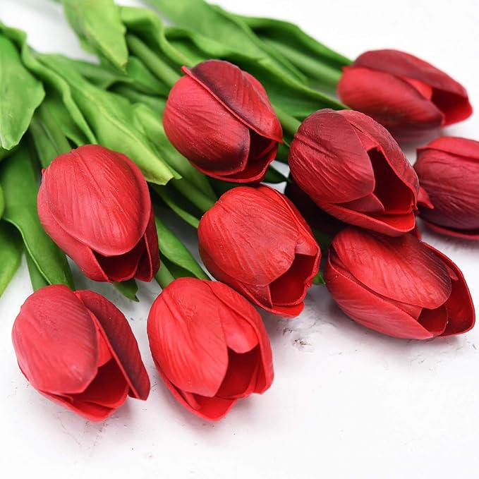 FiveSeasonStuff Real Touch Tulips Artificial Flowers – 15 Stems Faux Tulip Bouquet in Gift Box for Wedding, Home Decor, Party, Floral Arrangements (Currant Red)