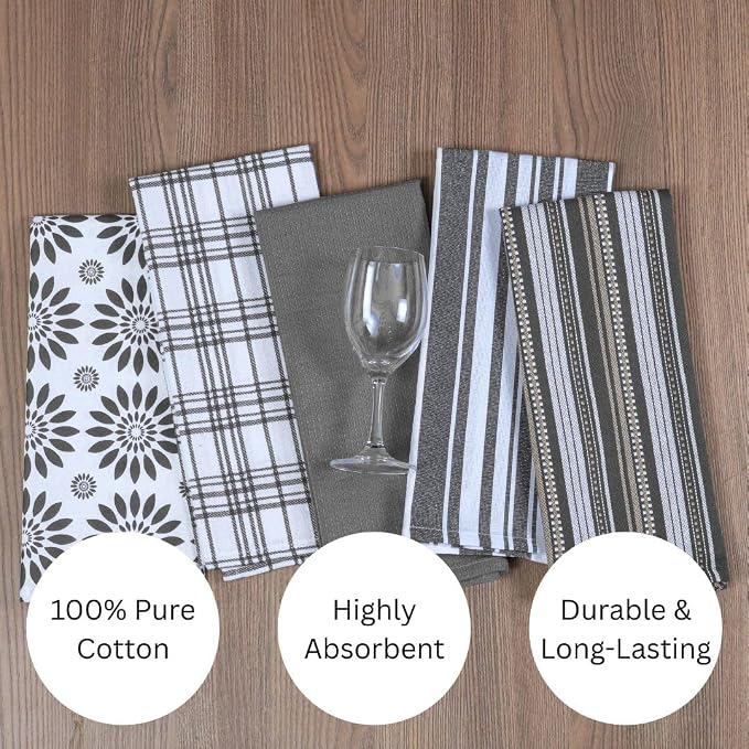 Assorted Kitchen Towels Set of 5-100% Cotton Dish Cloths Towels with Hanging Loop - Soft, Absorbent & Washable for Kitchen Use - Quick Drying Dish Towels 16x26 Inch Grey