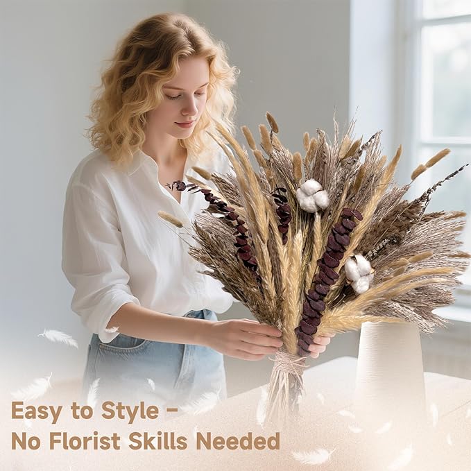 Pampas Grass Boho Home Decor 80PCS 17 inch Natural Dried Flowers for Vase Eucalyptus Stems Pompas Dried Flowers Bouquet DIY Arrangements Boho Wedding Bedroom Tables Rustic Decoration