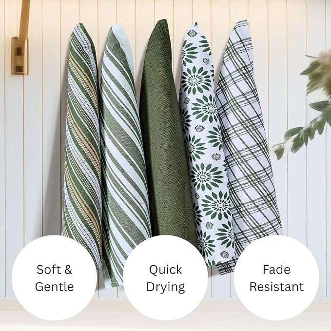 WeWove Assorted Kitchen Towels Set of 5-100% Cotton Dish Cloths Towels with Hanging Loop - Soft Absorbent Washable Reusable for Kitchen Use - Quick Drying 16x26 inch Dish Towels Green