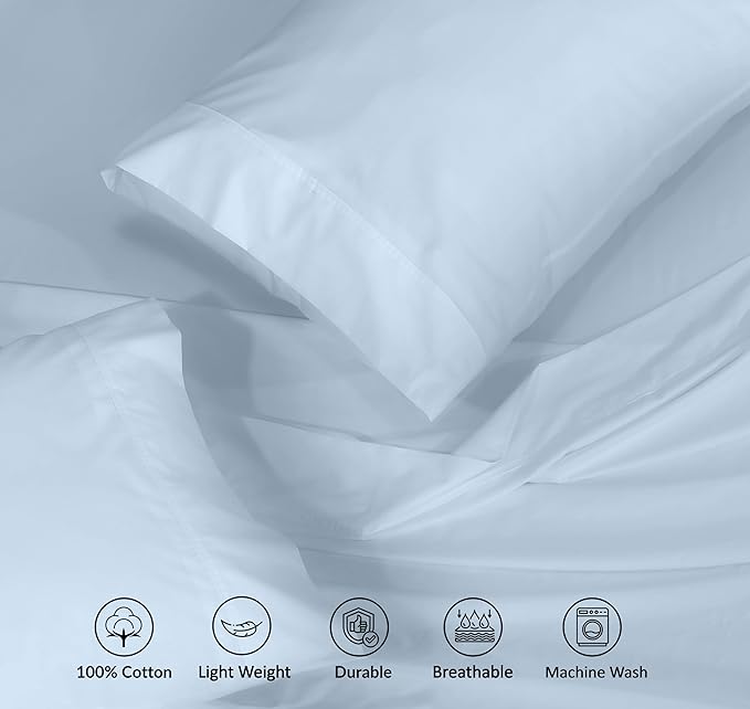 RUVANTI 100% Cotton Split King Sheets Sets for Adjustable Bed, 5 PCs, Soft & Breathable Percale Weave Bedding, Deep Pocket 16", Hotel Standard, Crisp Cool Feel & Durable, Dyed Sheet, Baby Blue