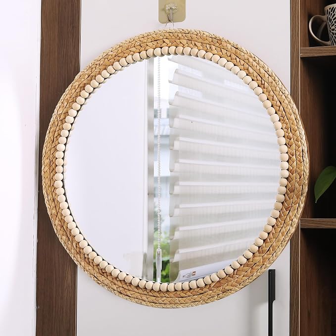 21 Inch Boho Round Hanging Wall Mirror Decorative Rattan Circle Wall Mounted Mirror for Farmhouse, Living Room, Bedroom, Bathroom