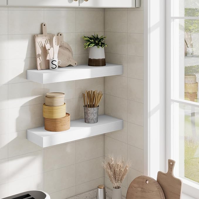 Fun Memories Floating Shelves Bathroom for Wall Mounted Shelves, 20 Inch Wood Shelf Set of 2, Home Storage & Display Decor, White