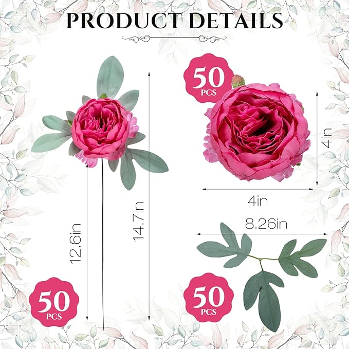Zeyune 50Pcs Wedding Artificial Peonies 4Inch Fake Silk Peony Faux Peonies Artificial Valentine Flowers Bulk Rose Flowers Heads for Valentine Decoration Vintage Wedding Home Office(Hot Pink)