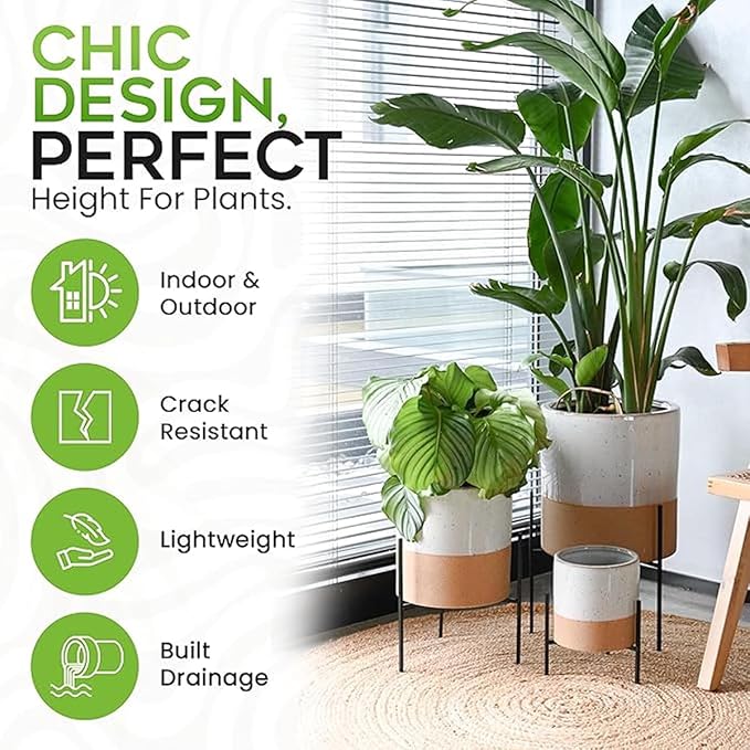 23 Bees Mid-Century Modern Ceramic Planter with Plant Stand Indoor Decorative Plant Pot with Stand in Earthy Beige and White Glaze, Black Metal Stand (Large 16 inch plant pot, Three sizes) (Small)
