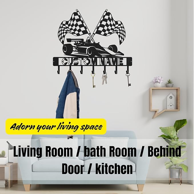 Personalized Racing Car Key Holder, Custom Metal Racing Car Key Hooks with Name, Large Black Metal Wall Hooks Rack, Custom Jacket Organizer for Garage, Living Room, Entryway, Gifts for Men(8in)