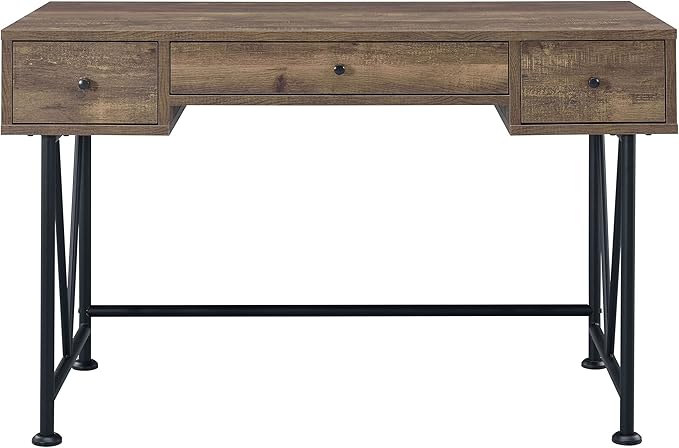 Coaster Furniture Analiese Farmhouse 3 Drawer Home Office Writing Desk Black Metal Base Rustic Oak Brown 802541