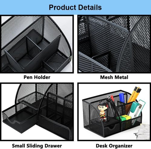AUSTARK Desk Organizer - Wire Mesh Pencil Holder with 7 Compartments & Mini Drawer | Black