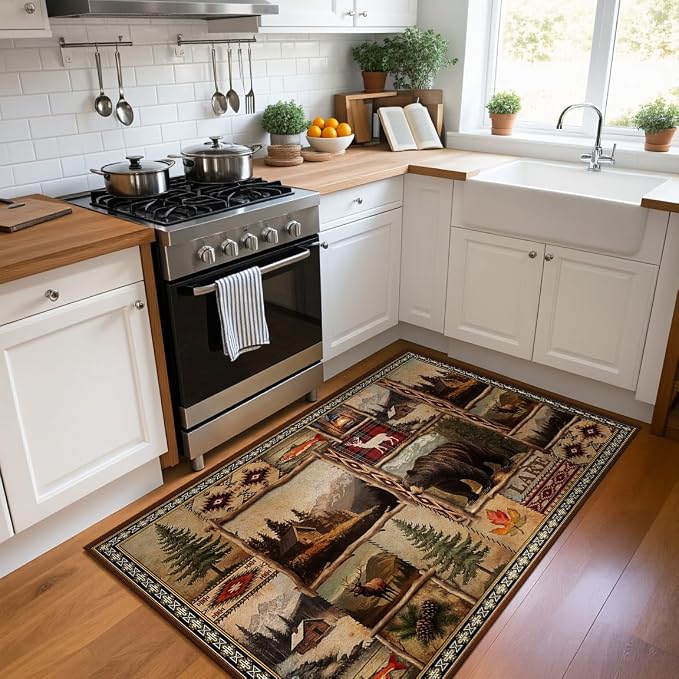 Rustic Lodge Bear Moose Deer Rugs for Entryway 3x5, Farmhouse Cabin Door Mats Indoor Entrance for Entryway Bedroom Dining Room, Non-Slip Machine Washable Indoor Entry Rug Doormat Carpet