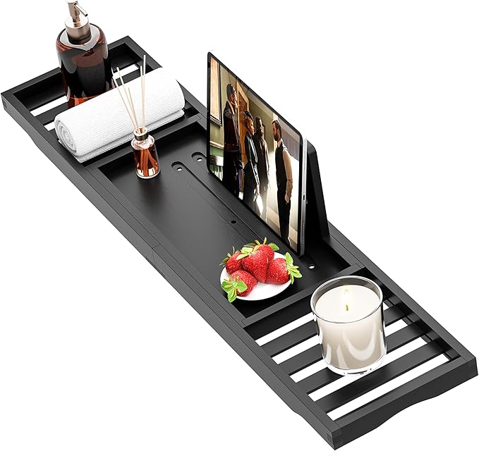 Bathtub Tray Black - Bath Tray Expandable - Bath Table Trays for Bathtub/Tub,Premium Bamboo Wooden, Fits Most Bath Tubs