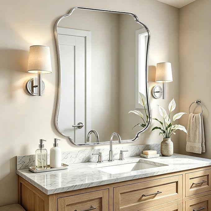 ANDY STAR 36x48 Chrome Bathroom Mirror, Large Decorative Scalloped Shape Wall Mirror with Stainless Steel Frame, Modern Wave-Edge Design for Vanity, Hallway, Lounge Decor