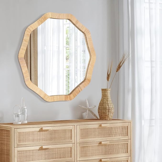 ULIKE Rattan Wicker Mirror for Bathroom, 24 Inch Boho Woven Decorative for Wall, Rustic Farmhouse Vanity Mirror, Geometric Rattan Mirrors for Living Room Entryway Bathroom Bedroom