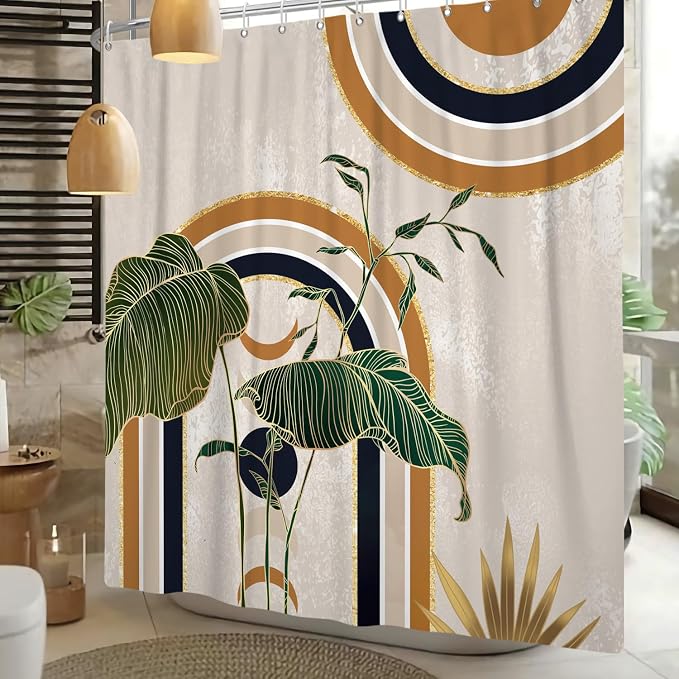 Green Brown Boho Shower Curtain Mid Century Abstract Plant Tropical Leaves Bath Curtain Modern Minimalist Geometric Arch Bath Decor Waterproof Polyester Fabric with Hooks 72x72 inch