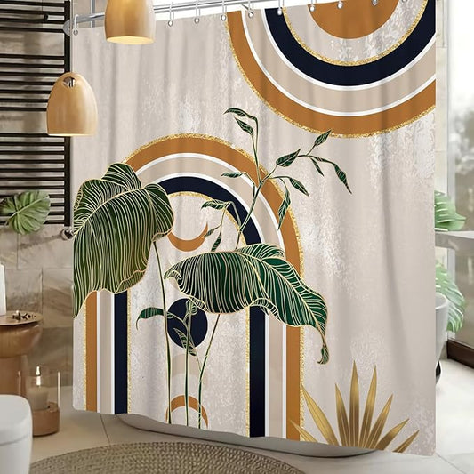 Green Brown Boho Shower Curtain Mid Century Abstract Plant Tropical Leaves Bath Curtain Modern Minimalist Geometric Arch Bath Decor Waterproof Polyester Fabric with Hooks 72x78 inch