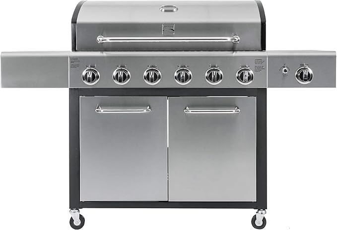 Kenmore 6-Burner Propane Gas BBQ Grill with Side Burner, 73,000 BTUs, Stainless Steel Cabinet Grill with Cast Iron Grates for Outdoor Cooking, Backyard BBQ, Patio, Large Parties
