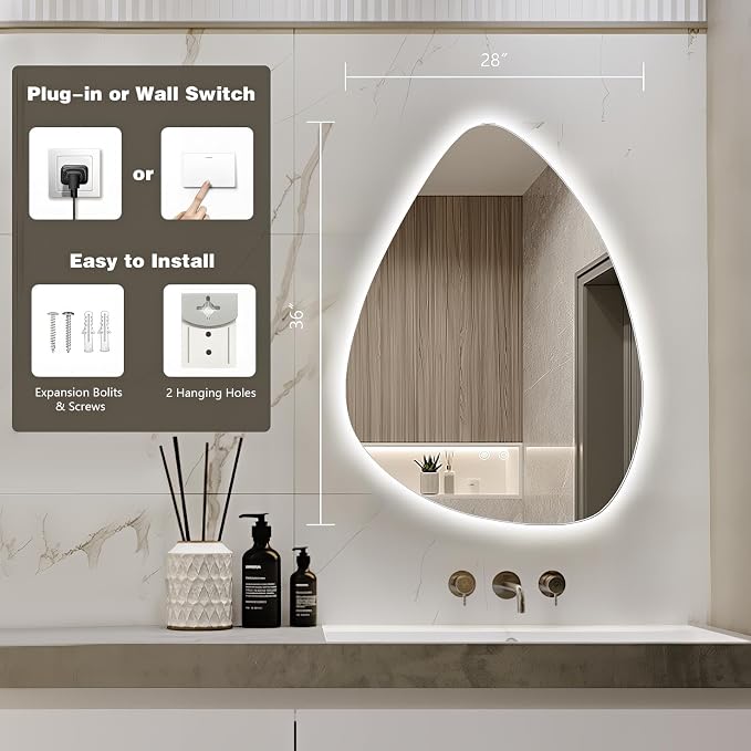 Niccy Irregular LED Bathroom Mirror, 28"x36" Asymmetrical Backlit Vanity Wall Mirrors, Frameless Lighted Mirrors for Bedroom, Living Room, Modern Smart-Mirror with Anti-Fog, Dimmable, Memory Function