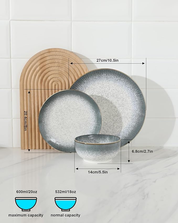 Sweejar Dinnerware Sets Service for 4, 12 pcs Porcelain Plates and Bowls for Kitchen, Housewaring Gift, Chip and Scratch Resistant Dish Set, Handmade Dishwasher and Microwave Safe Plate Set, LightGray