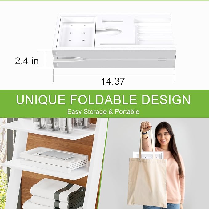 Bathtub Caddy Tray for Tub,Foldable Bath Table Trays,Bamboo Shelf with Book and Wine Glass Holder,Bathroom Accessories Suitable for Luxury Spa or Reading,White
