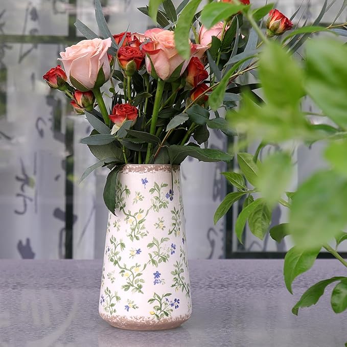 Vintage Ceramic Flower Vase with Floral Crackle Glaze, Rustic Farmhouse Decorative Vase for Home Décor, Table Centerpiece for Mother’s Day, Birthday, or Housewarming
