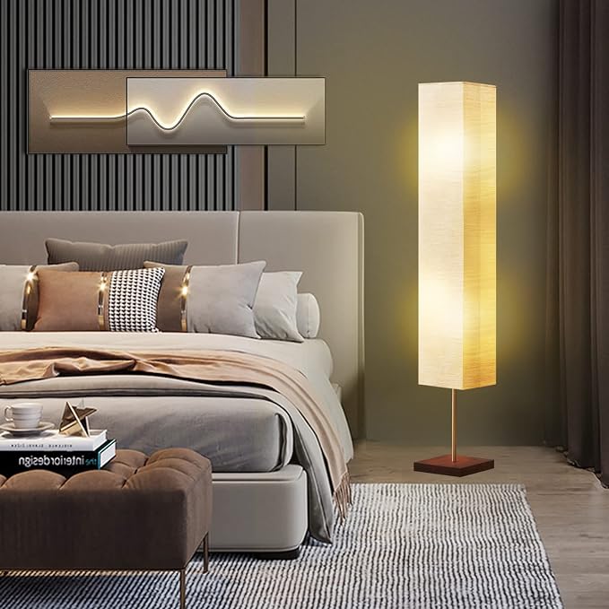 GyroVu Floor Lamp for Living Room, Color Temperature Adjustable Column Tall Lamp, Standing Lamp with Walnut Base Corner Floor Lamp for Bedroom, Office& Living Room-Beige(Bulbs Included)