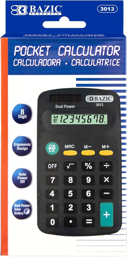 BAZIC Products 8-Digit Pocket Calculator - Dual Power Solar & Battery, LCD Display, Compact Black