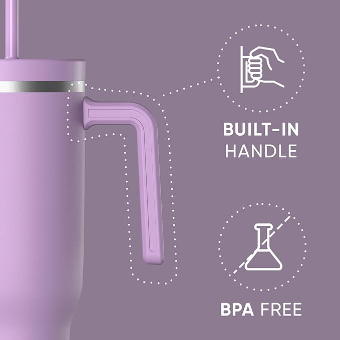 Hydrapeak Voyager 40 Oz Stainless Steel Tumbler with Handle, Insulated Water Bottle With Straw & Lid, Cupholder Friendly Reusable Travel Mug (Mauve)