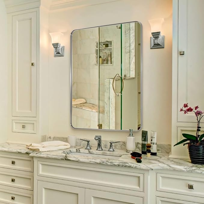 ANDY STAR Chrome Mirror for Bathroom, 30x36 Metal Frame Wall Mirror with Rounded Corner, Modern Rectangle Bathroom Vanity Mirror with Polish Finish