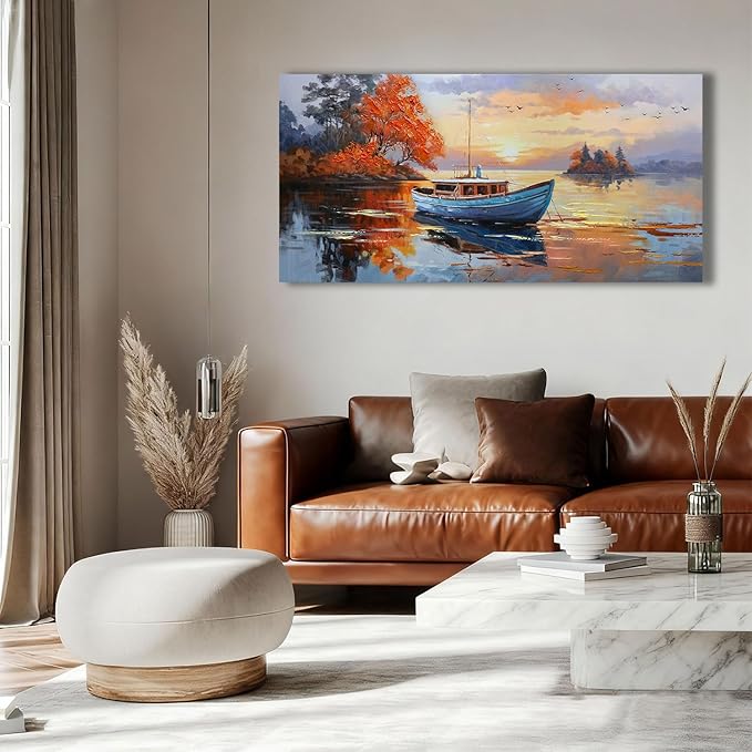 Brushart Ship Wall Art for Living Room, Large Canvas Wall Art Landscape Picture Painting Wall Decor Textured Artwork for Walls Bedroom Home Office 48"x24"