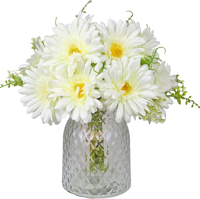 TOPIA Fake Flowers Artificial Daisies & Gerbera Bouquet Silk White 10 Stems Match with Wild Flowerets