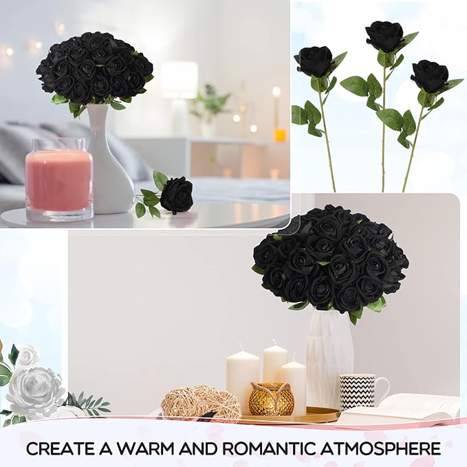Jexine 50 Pcs Artificial Rose Flower Bulk Realistic Silk Fake Roses with Long Stem Plastic Artificial Flower Bouquet Real Looking for Home Wedding Centerpieces Party Decoration(Black)