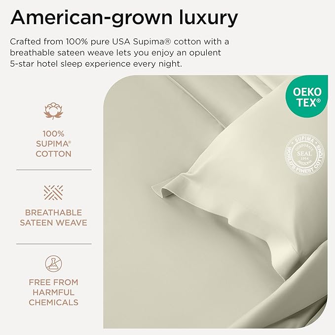 Threadmill 100% Supima Cotton Sheets, 1200 Thread Count Cotton for Cal King Size Bed, 4 Pc Ivory Cal King Bed Sheets Set, 5-Star Hotel Quality with Elasticized Deep Pocket King Sheets