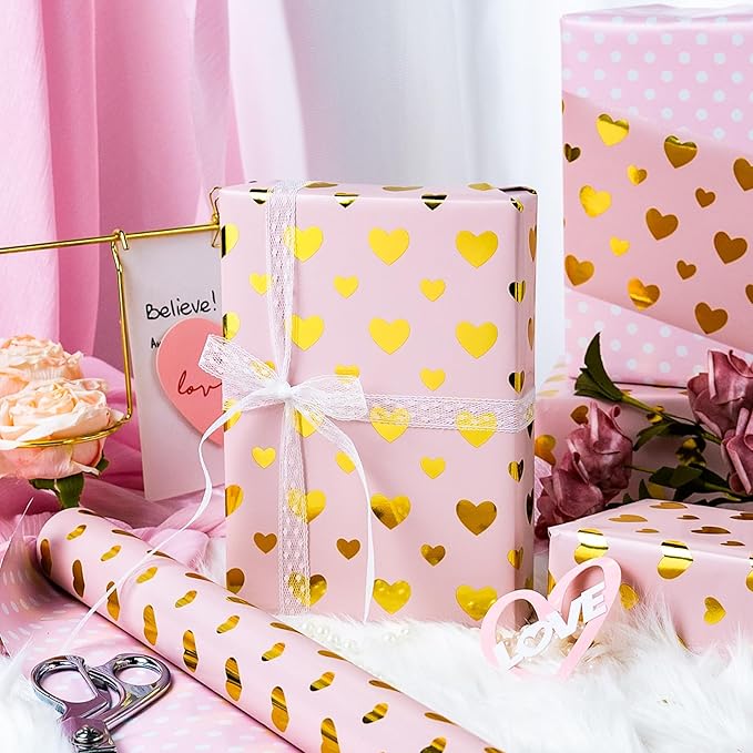 Yarcony Pink Wedding Wrapping Paper, Gold Heart Gift Wrapping Paper, Reversible Love-Themed Girl Gift Wrap for Anniversary Birthday Valentine's Day Mother's Day Christmas(17 Inch X 33 Feet)