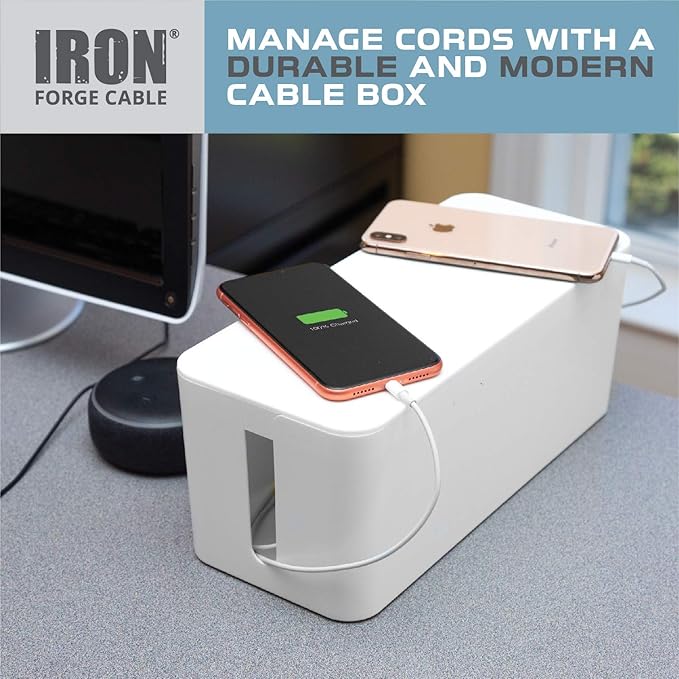 Iron Forge Cable Cable Management Box, 2 Pack - White Cord Organizer and Hider for Wires, Power Strips, Surge Protectors & More - Includes Sleeve Cables, Hook and Loop Keepers, Zip Ties & Clips