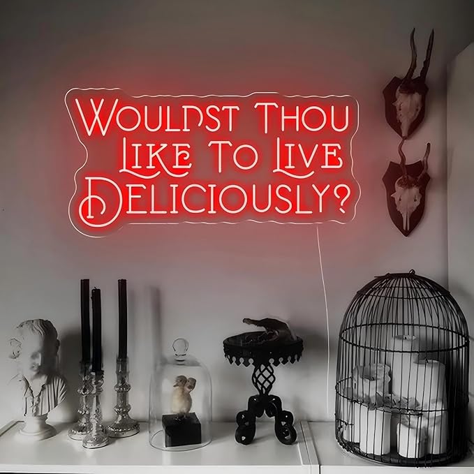 Wouldst Thou Like to Live Deliciously?Live Deliciously Neon Sign, Vintage Font Decor,Goth Room Decor,Gothic Horror Sign,Gothic Halloween Sign, Encouraging Light, Pink Led Light for Bedroom, Club