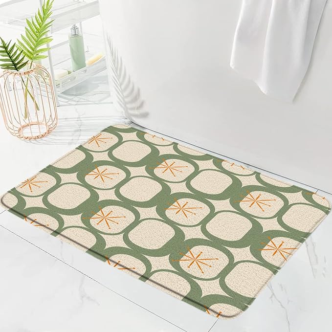 Mid Century Modern Bath Mat Abstract Atomic Geometric Retro 1950s Sage Green Bathroom Kitchen Toilet Rugs,18x48 Inch