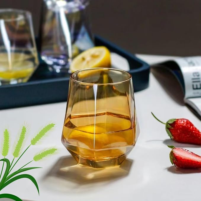 Wine Glasses Set Of 4,Stemless Diamond Shape 10 Oz Amber Christmas Glassware Dishwasher Safe, Spill-Proof Design For Red Wine, Cocktail, Whiskey, Bourbon, for Wine Lovers (Amber)