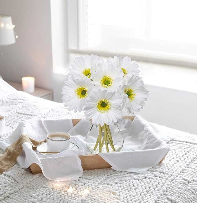 Briful Gerbera Daisy Artificial Flowers, Fake Daisy Flowers in Glass Vase with Faux Water,Real Touch Silk Faux Flowers with Stems for Home Bookshelf Tabletop Bathroom Decorations,White