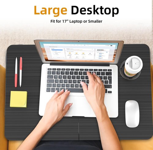 BUYIFY Foldable Laptop Bed Desk - Large Portable Tray Table with Cup Holder & Tablet Slot | Ideal for Eating, Writing, Studying (Black)