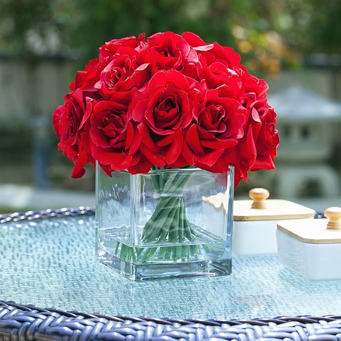 ENOVA FLORAL 18 Pieces Red Rose Artificial Flowers in Vase, Floral Arrangements Artificial with Vase and Faux Water for Wedding, Home Decor Indoor(Red)