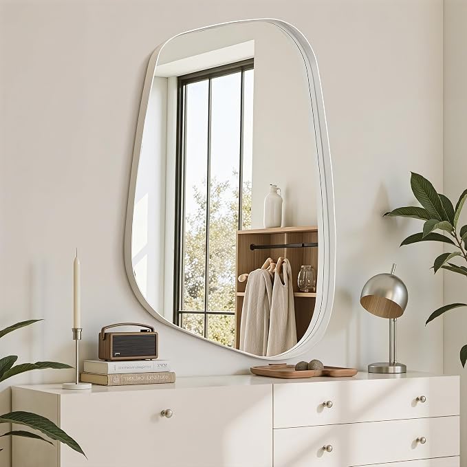 Irregular Wall Mirror 26"x40" Bathroom Mirrors Asymmetrical Artistic Decorative for Living Room Bedroom Bathroom Hallway Entryway,Trapezoid,White