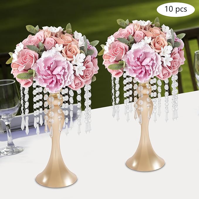 10 Pcs Glam Crystal Flower Stands, Wedding Reception Decorations with Sparkling Crystal Beads Table Center Display Flower Arrangement Flower Stand Metal Vase for Event Decor (Gold, Height:13.77in)
